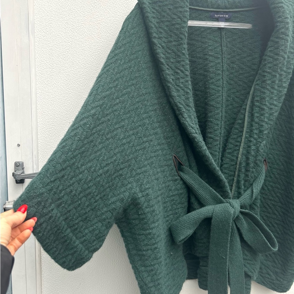 Lands End Sweater Jacket Quilted Lambs Wool Blend Women L-XL Green Belted Cozy - Picture 4 of 10